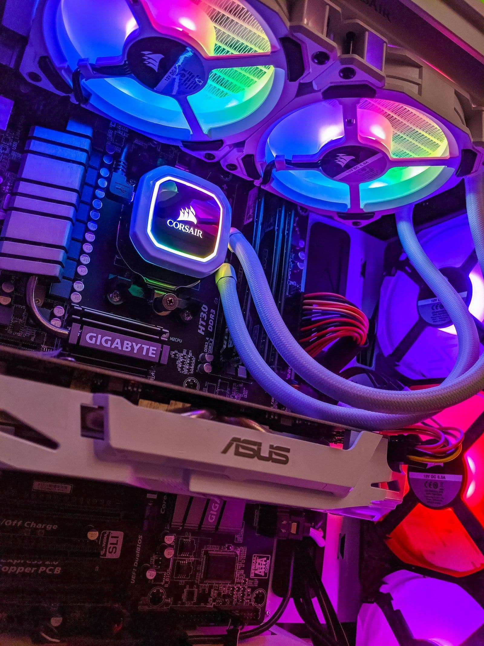 The inside of a custom PC lit pink and blue: liquid cooling, a graphics card and an ASUS motherboard
