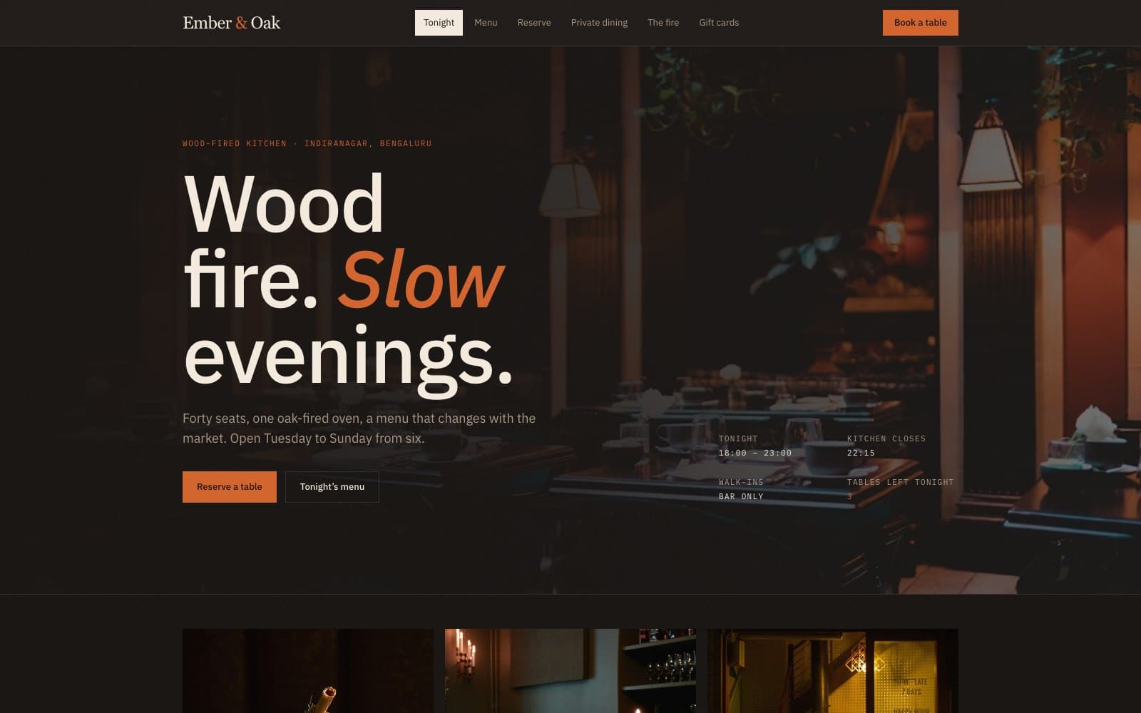 Ember & Oak restaurant website concept — hero and menu layout
