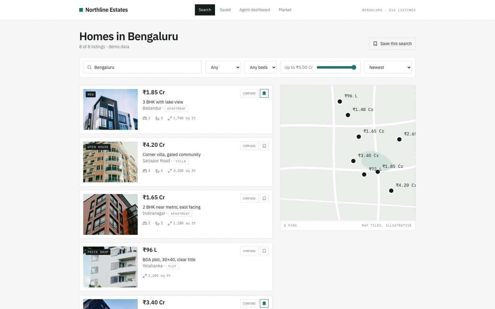 Northline Estates property platform concept — listing grid and map